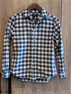 Polo Ralph Lauren Old Money Gingham Blue Off White Button Down Shirt Boys 14